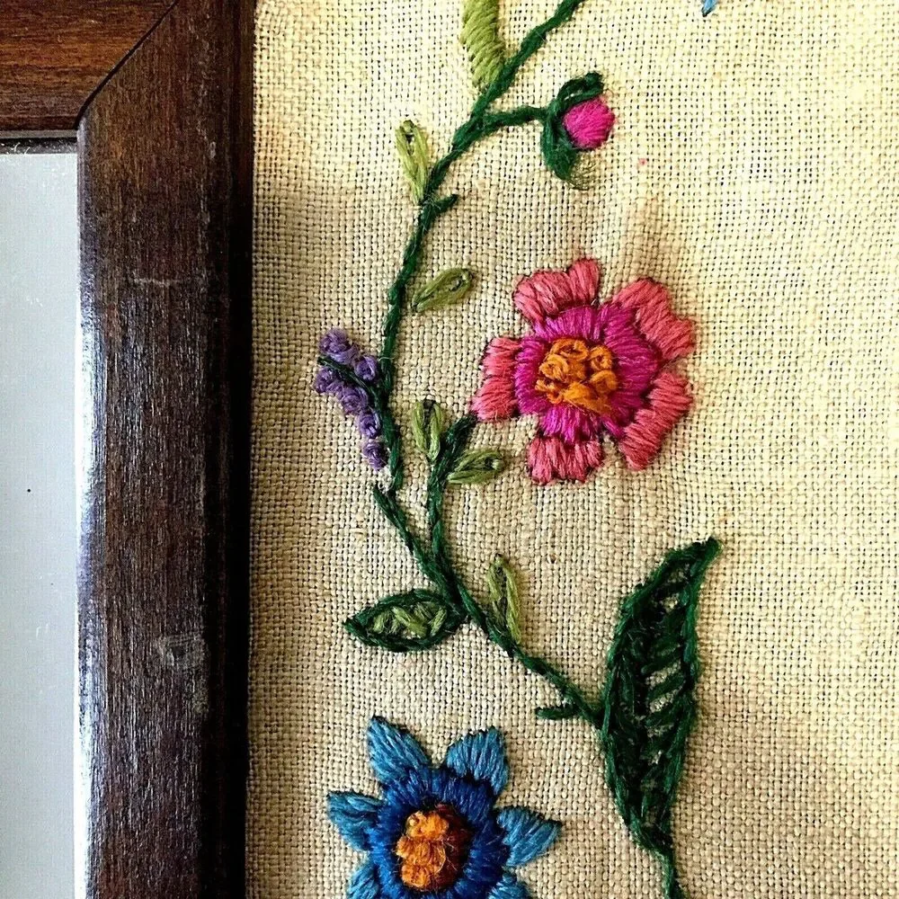 Antique Framed Mirror Crewel Embroidery Jacobean Sampler Linen Wool Floral Bird